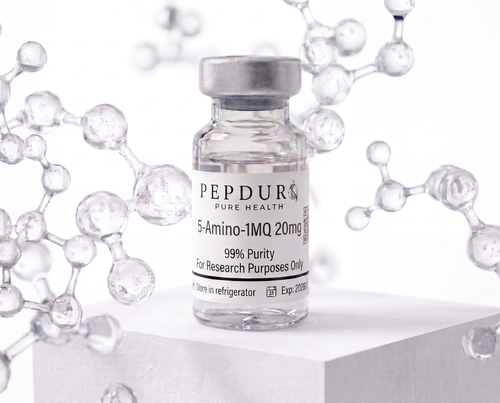 5-Amino-1MQ peptide bottle on a clean white background