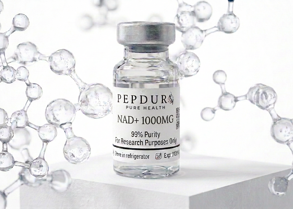 NAD+ peptide bottle on a clean white background
