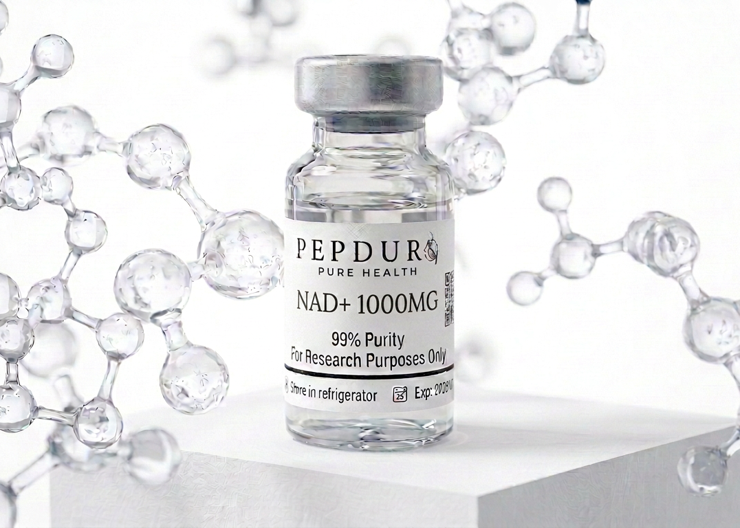 NAD+ peptide bottle on a clean white background