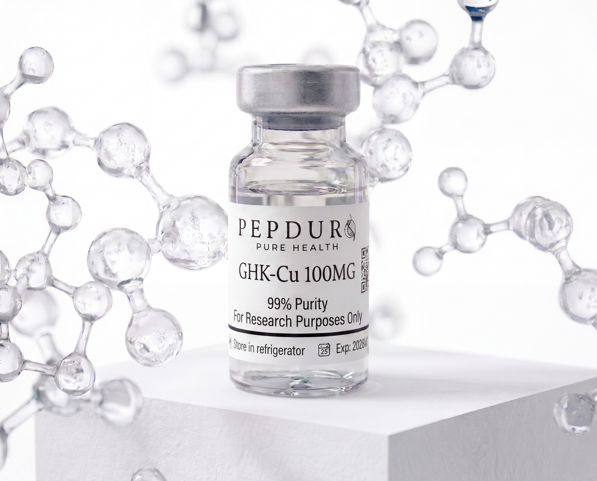 GHK-Cu peptide bottle on a clean white background