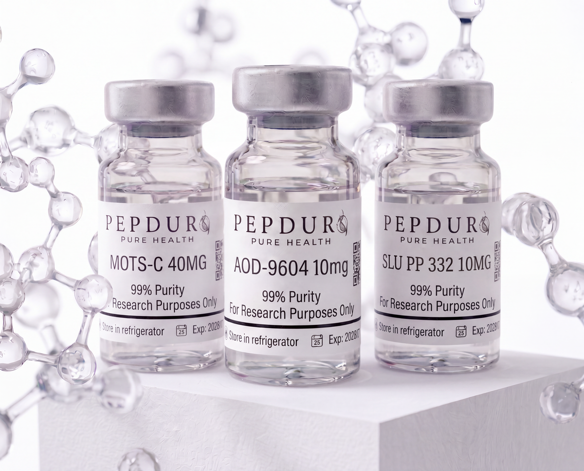 MOTS-C, AOD9604, SLU PP 332 peptide bottles on a clean white background