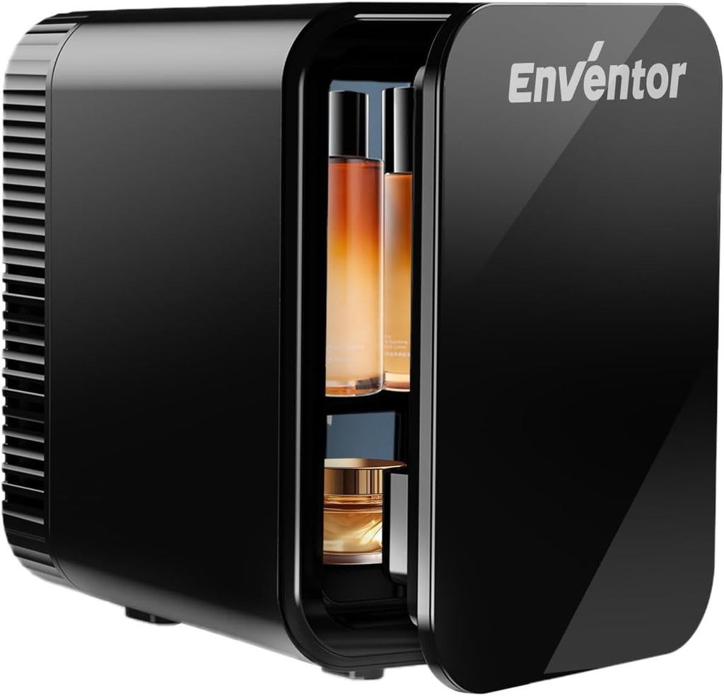 Black mini refrigerator with 'Enventor' branding on a white background