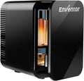 Black mini refrigerator with 'Enventor' branding on a white background