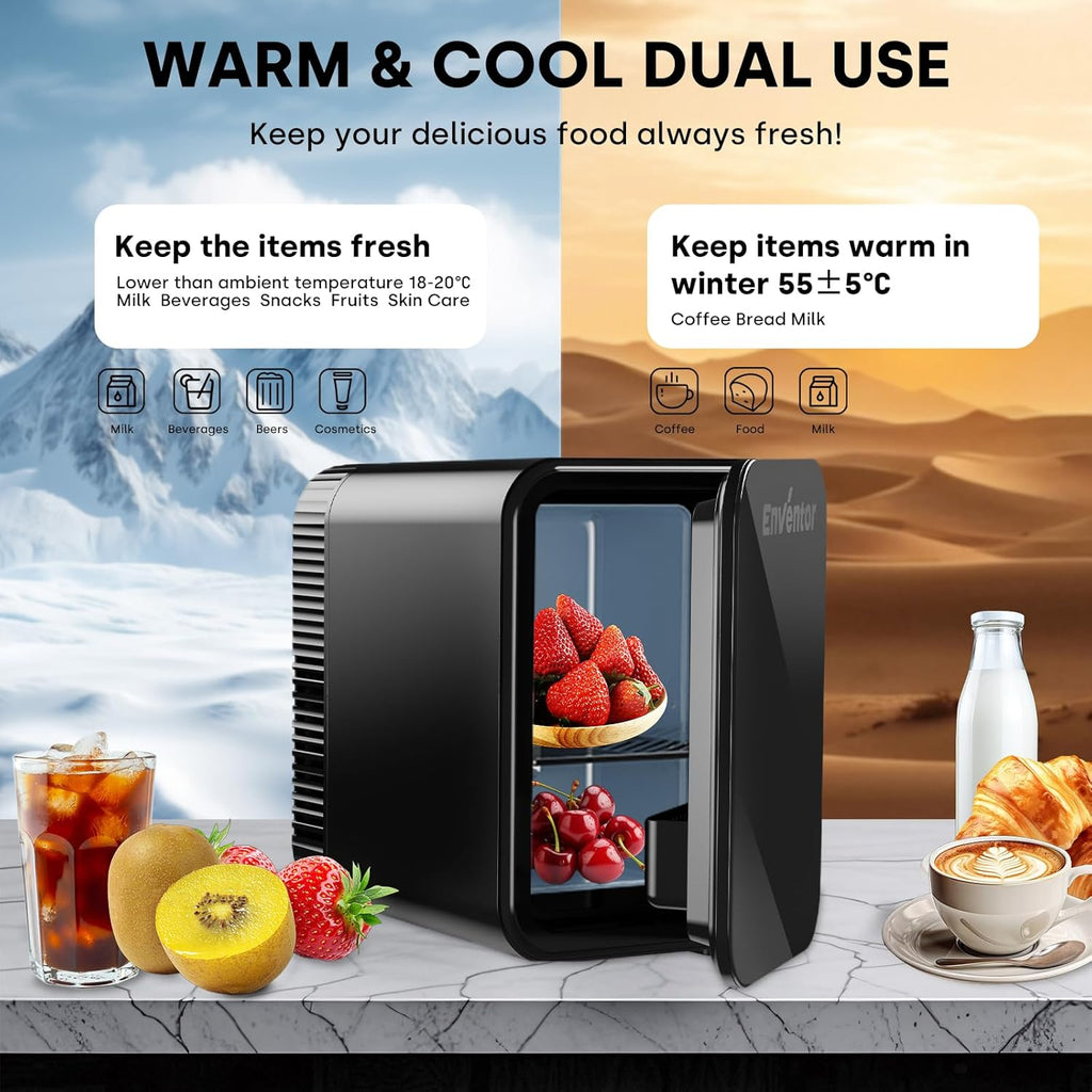 Small refrigerator with warm and cool dual use features, surrounded by food items and scenic backgrounds.