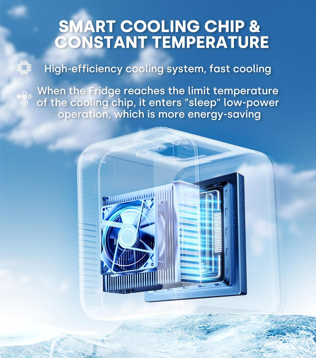 Smart cooling chip with text on a blue background