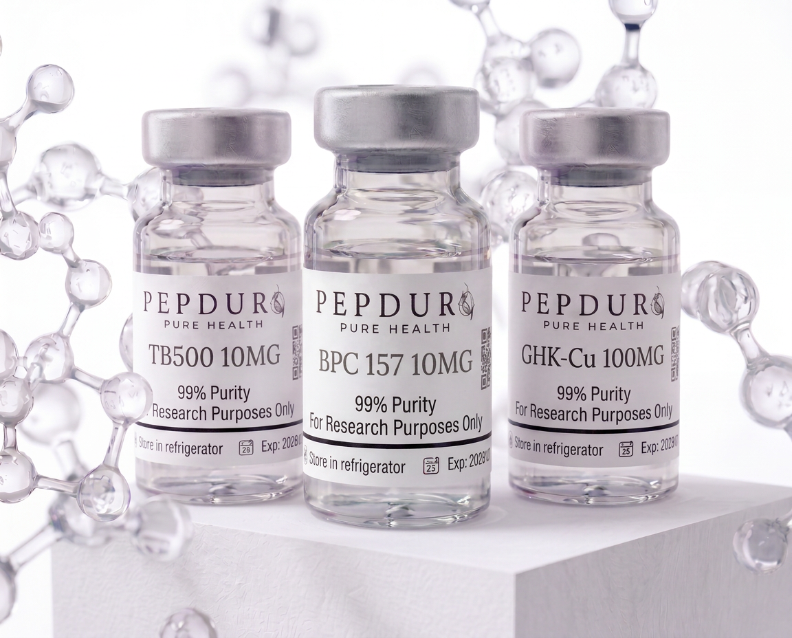 TB500, BPC-157 & GHK-Cu peptide bottles on white background