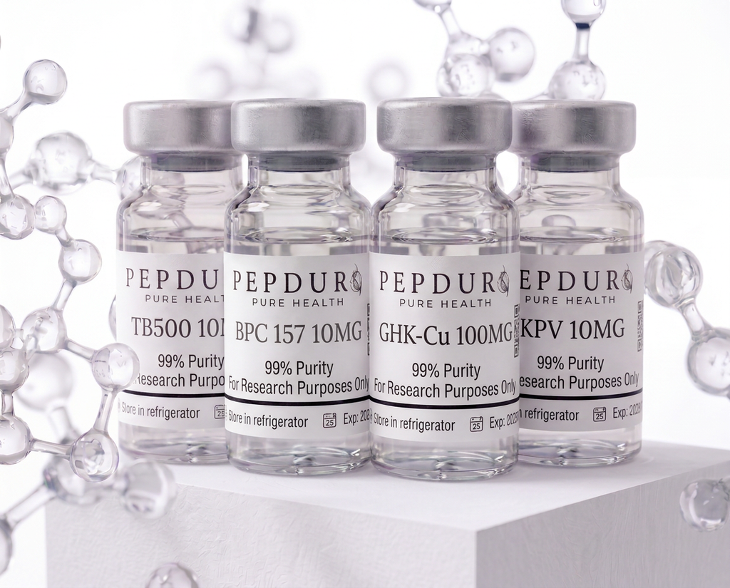 TB500, BPC-157, GHK-Cu & KPV peptide on clean white background
