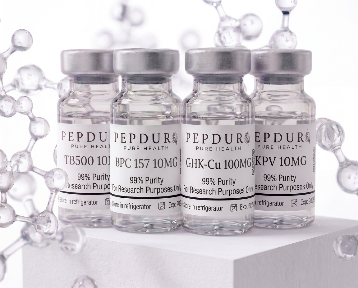 TB500, BPC-157, GHK-Cu & KPV peptide on clean white background